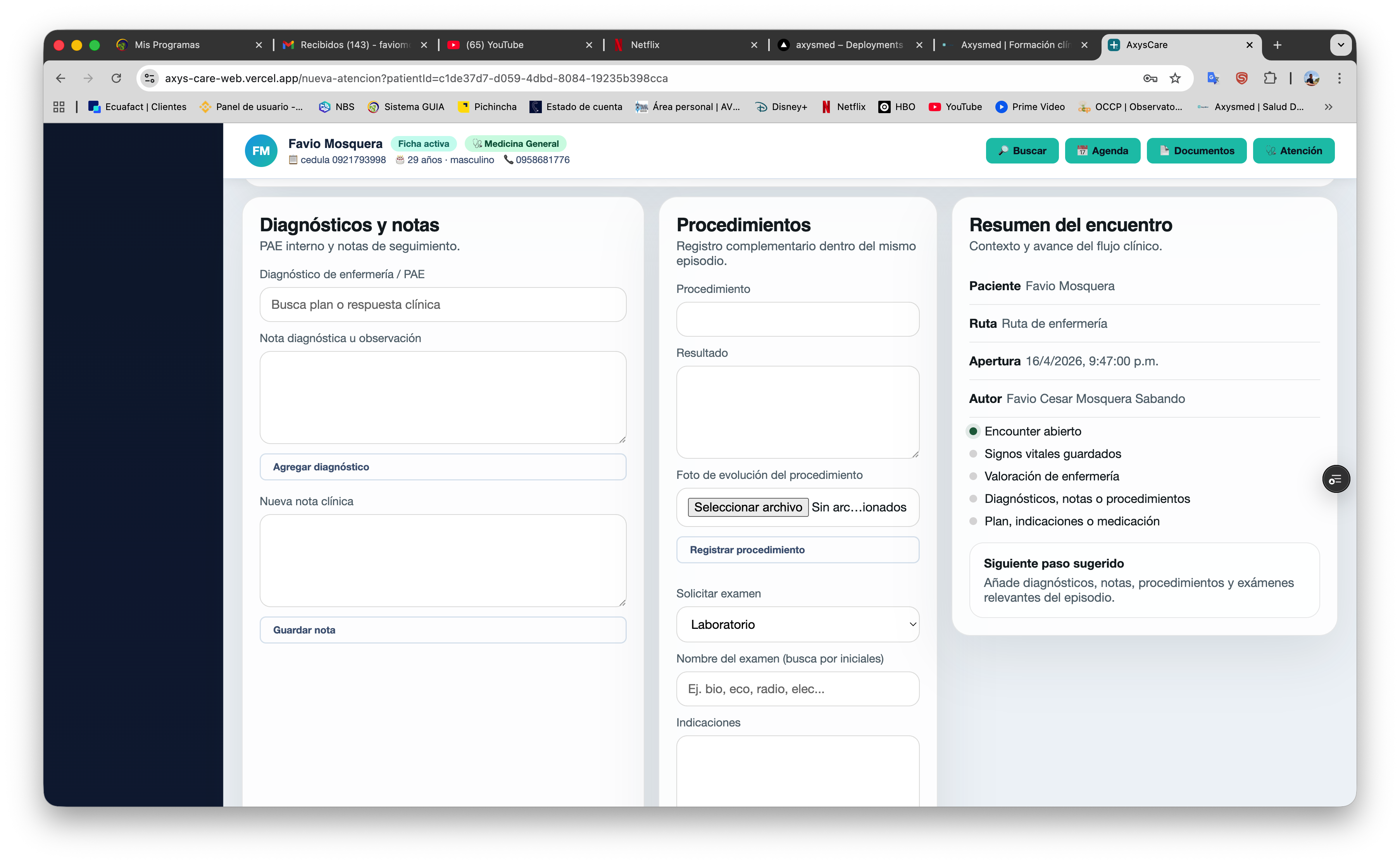 Panel de información en Axyscare