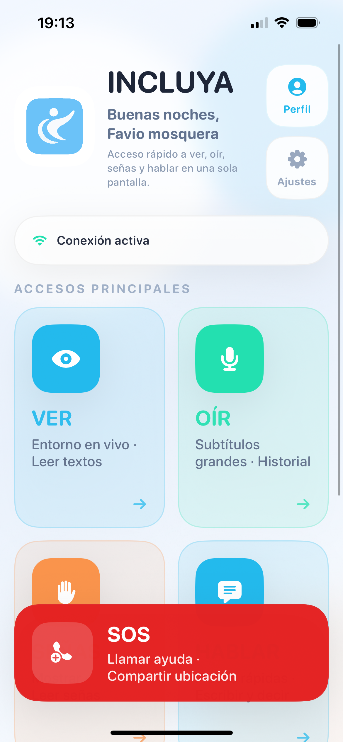Pantalla principal de Incluya
